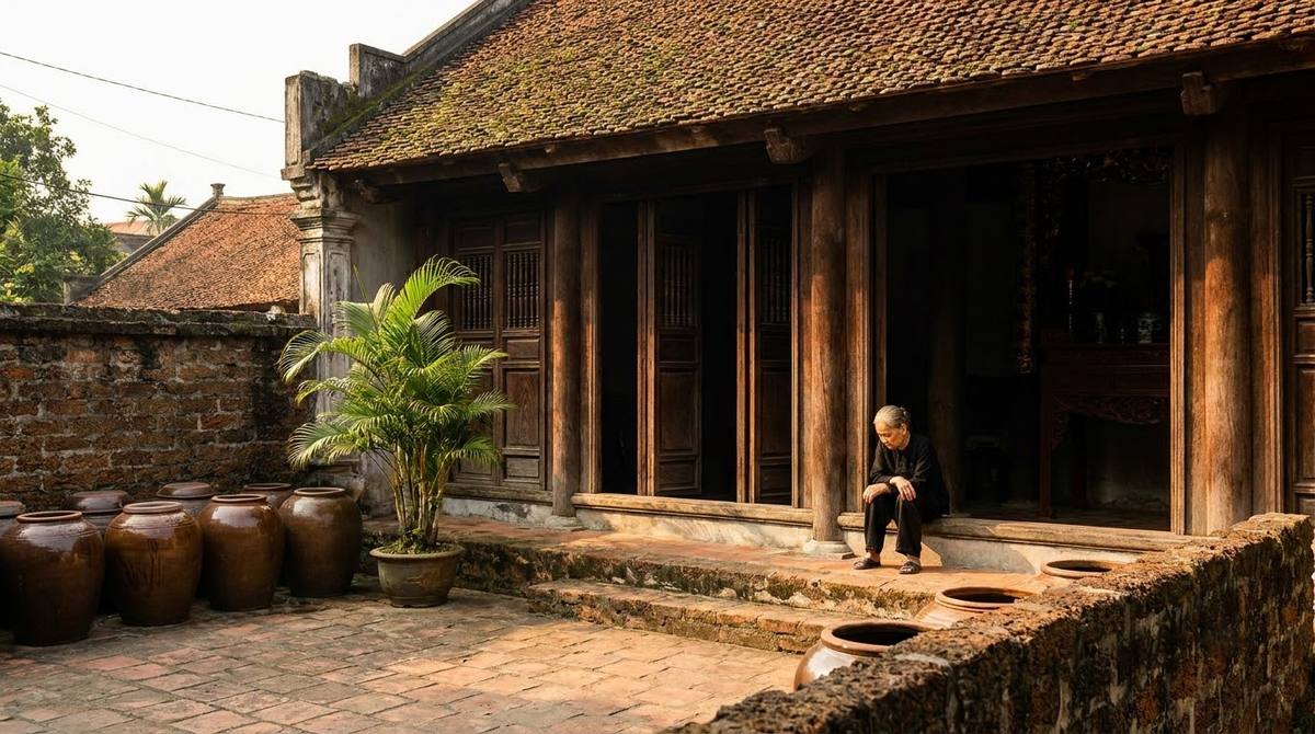 The veranda of a centuries-old wooden house in Duong Lam
