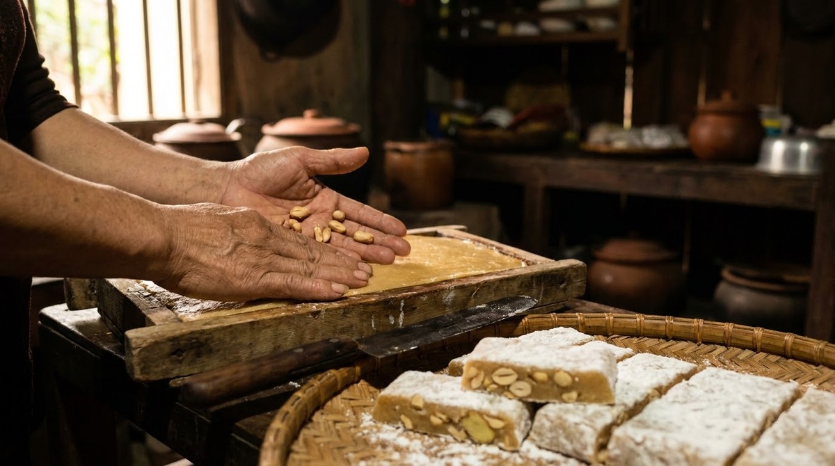 Hands pressing che lam, the Duong Lam ginger and peanut sweet