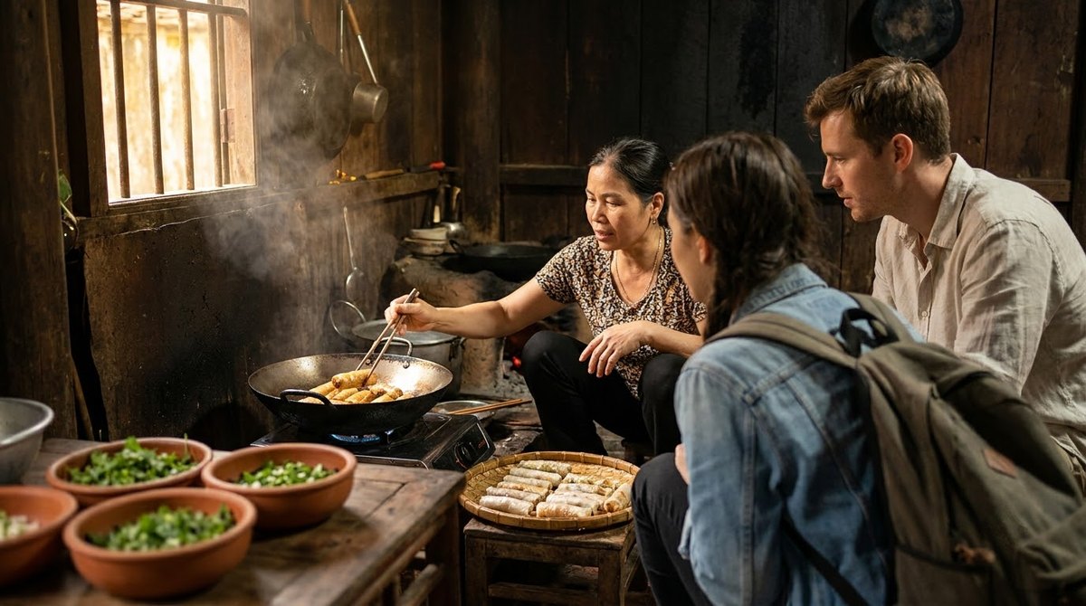 Cooking lunch with a family in the kitchen of an old Duong Lam house