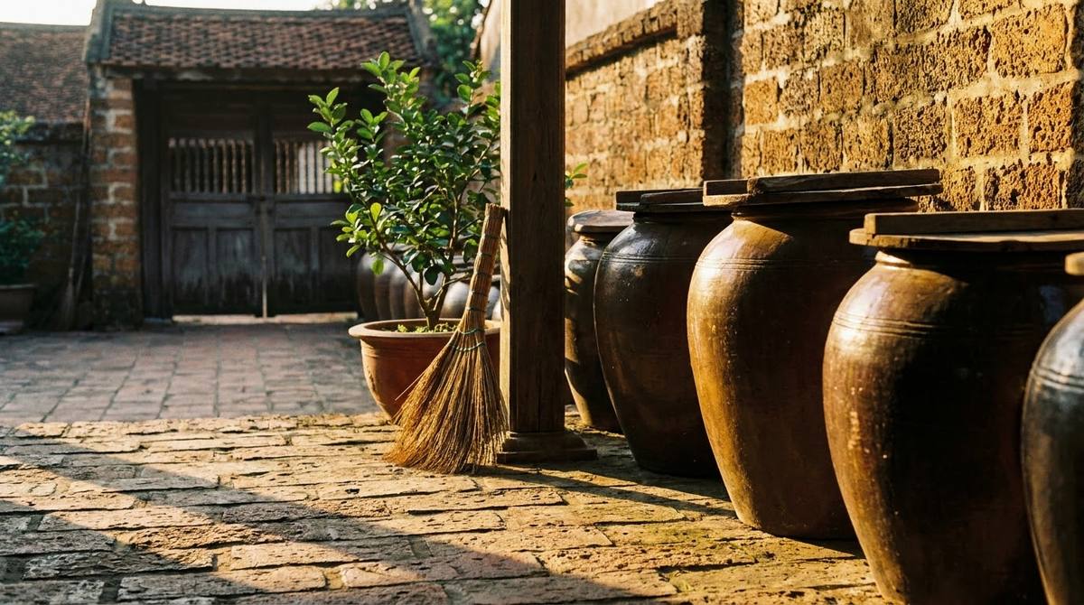 Glazed clay jars in the brick courtyard of an old house