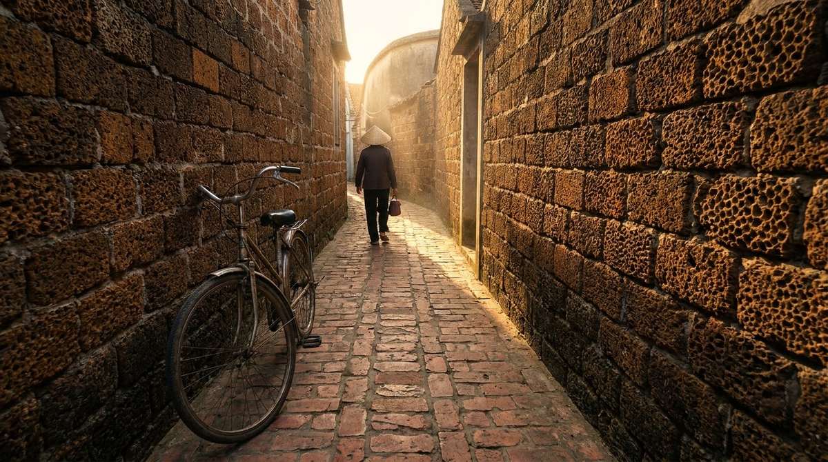 A narrow lane between laterite walls in Duong Lam