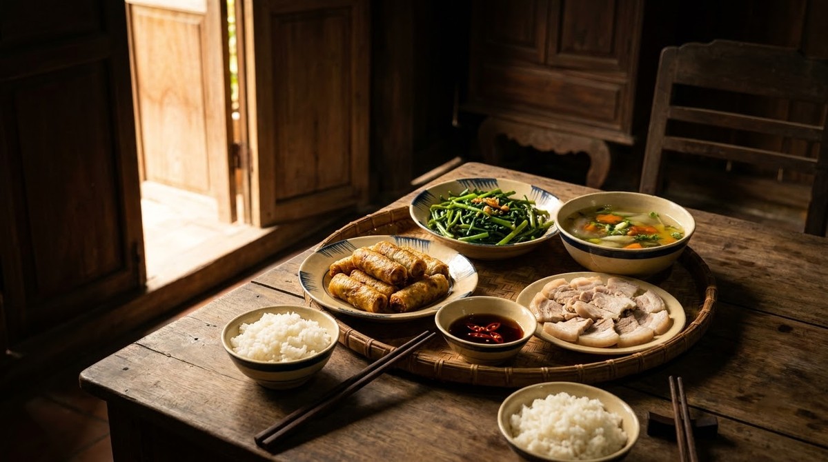 A home-cooked Vietnamese lunch laid out on a family table