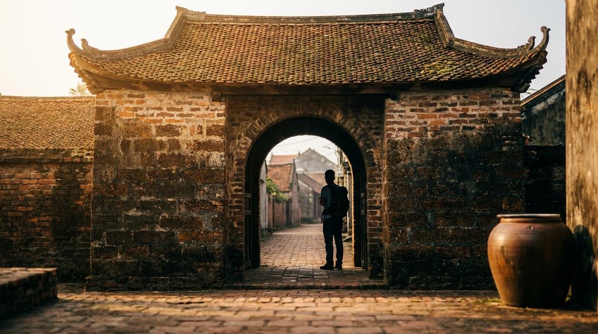 The Mong Phu village gate in Duong Lam, built of laterite under a tiled roof