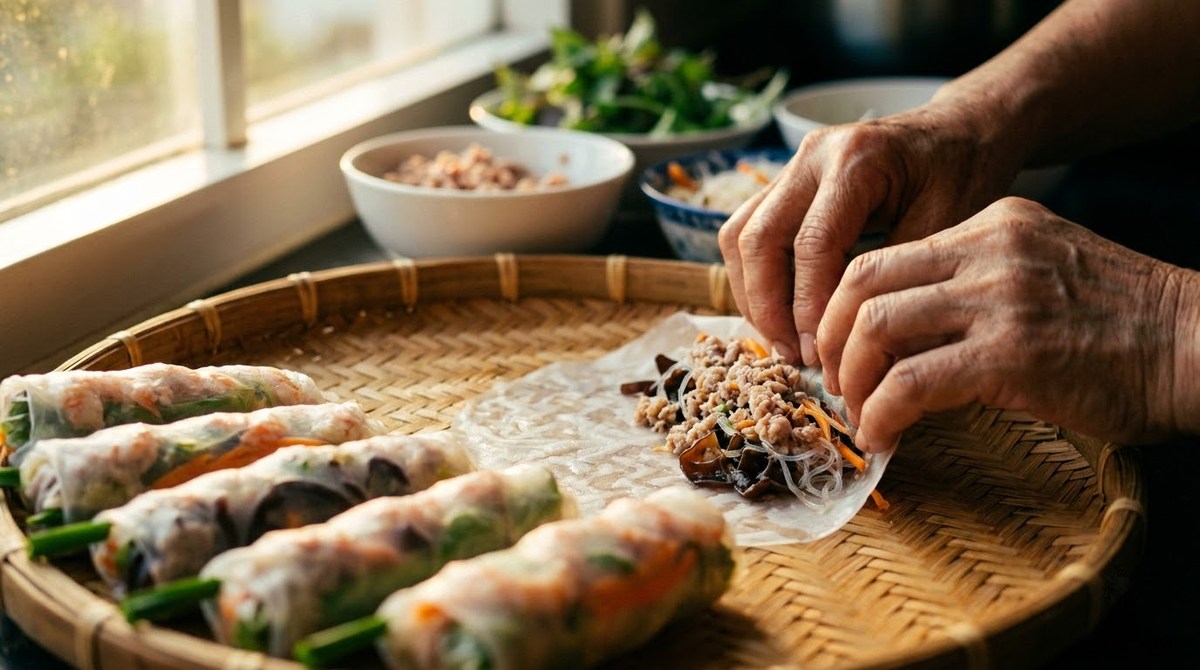 Spring rolls being rolled by hand on a bamboo tray