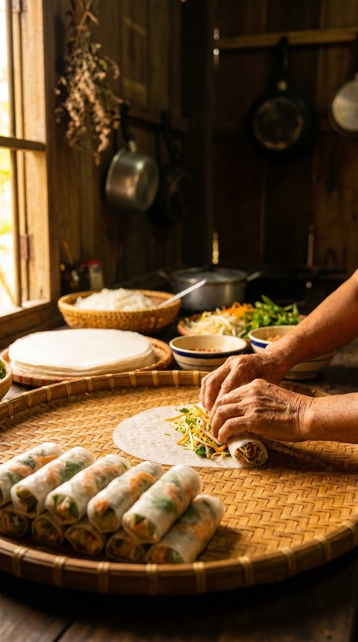 Hands rolling spring rolls at a family table in Duong Lam
