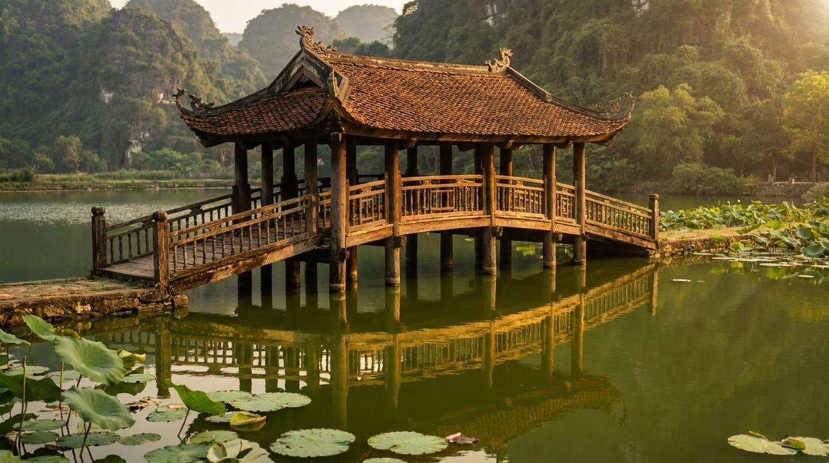 A roofed wooden bridge across the pond at Thay Pagoda