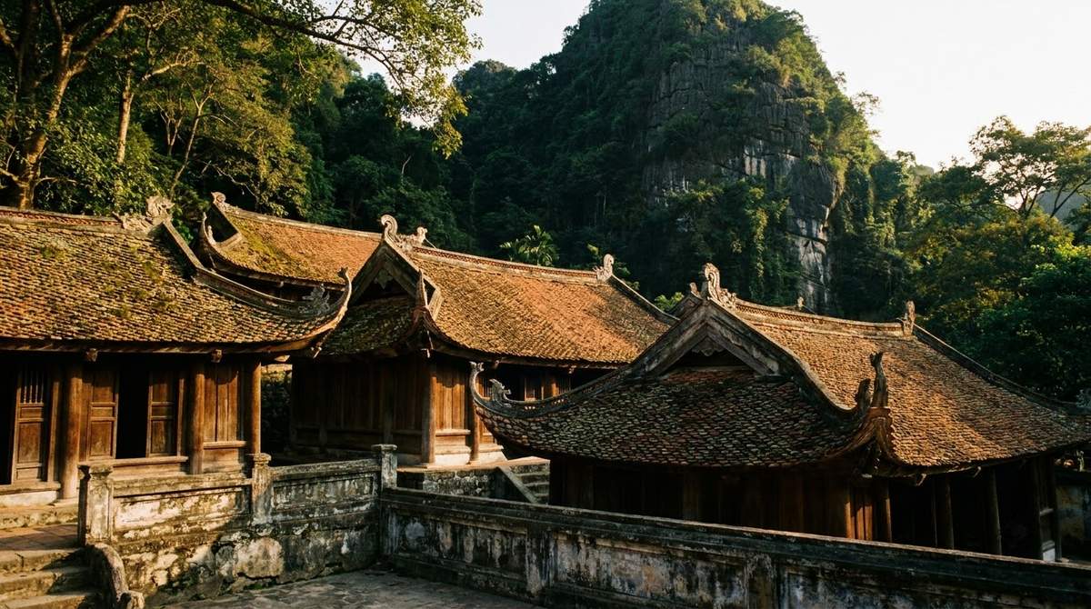 The tiled roofs of Thay Pagoda against Sai Son mountain